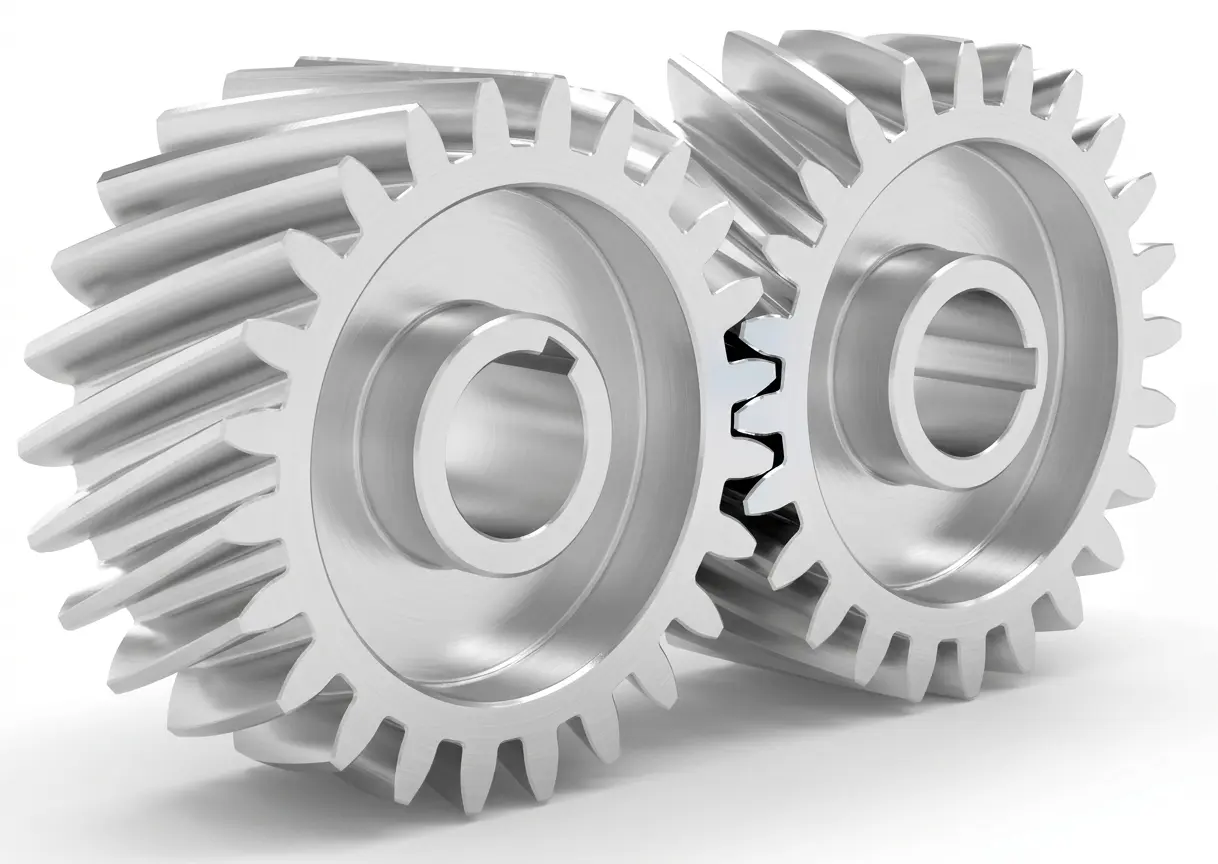 Precision helical gears minimizing loaded transmission error and noise.